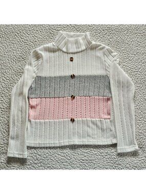 YEAHDOR Girls Stripe Texture Long Sleeve Shirt 9-10 Years White Pink Grey
